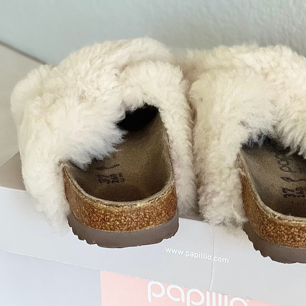 Papillio Cream Shearling Crossover Slide Sandals - Picture 9 of 16